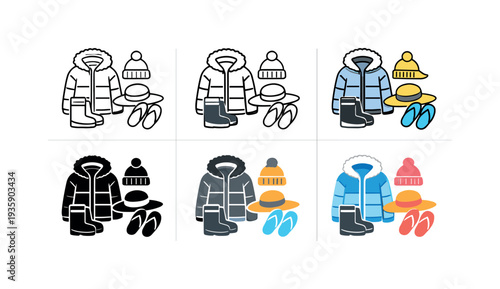 Winter and summer clothing icons showing a contrast between warm and cool weather outfits