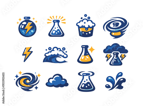 Two-Color vector icons of storm–alchemy motifs expanding the beaker imagery: storm bead, beaker shine, bubble crest, swirling