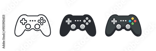 Digital play concept conveyed by a modern game controller with dual sticks and buttons, identical silhouette repeated