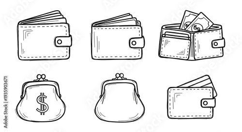 Collection of Hand Drawn Wallets and Coin Purses.