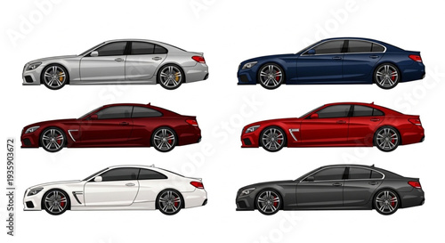 Collection of Luxury Sedans and Coupes in Various Colors.