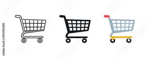 Store aisle scene showing a classic supermarket pushcart with rectangular basket and front wheels aligned side by side in