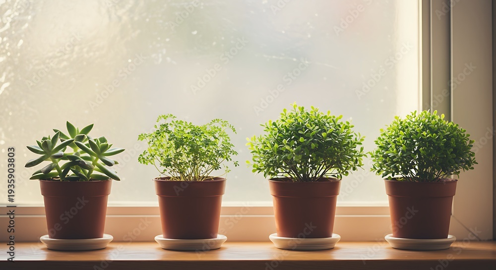 Fototapeta premium Four healthy potted plants arranged neatly on a windowsill with natural sunlight streaming in