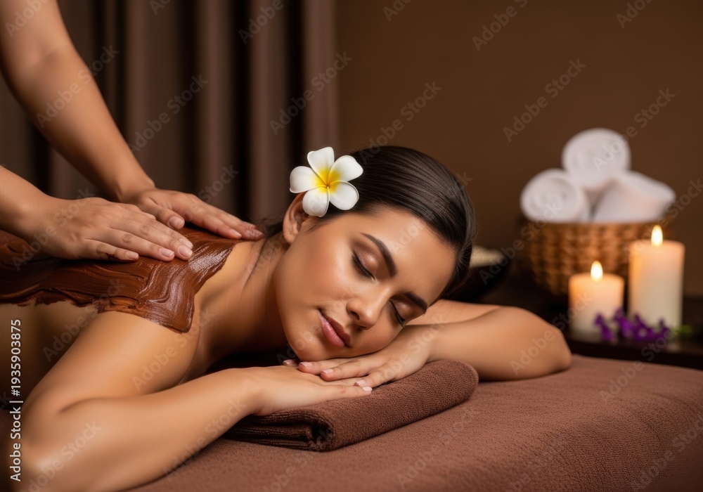 Naklejka premium Woman receiving a relaxing massage on a brown massage table with flowers