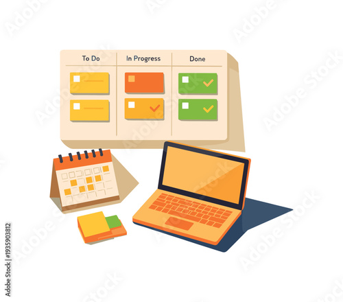 Project management workflow concept with simple kanban board task cards calendar and laptop arranged neatly seen from top-down