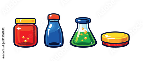 Two-Color vector icons of glass containers: jar outline, bottle arc, flask rim, lid circle, smooth contour, tiny gleam, bubble