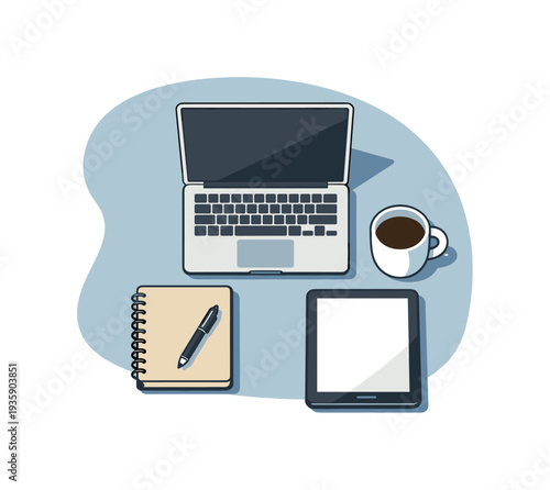 Balanced Workspace Layout. Clean work life balance concept viewed from above with generic laptop notebook coffee cup and tablet