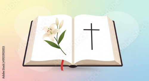Open bible with cross and white flower on pastel rainbow background symbolizing faith and spirituality