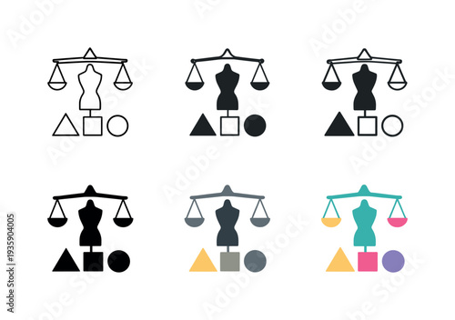 Fashion proportion icon showing stylized geometric shapes, scales, and design elements representing style, balance, and visual