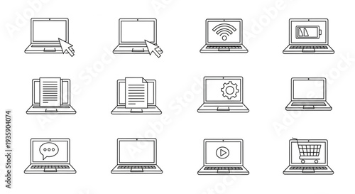 Collection of Laptop Computer Icons with Various Functions.