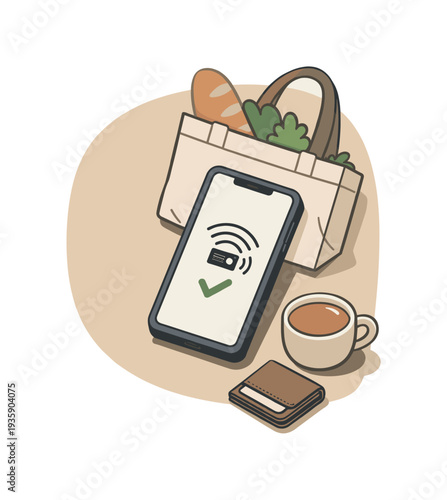 Calm contactless shopping lifestyle scene with phone slightly angled and simple payment symbol shown from above, arranged in the