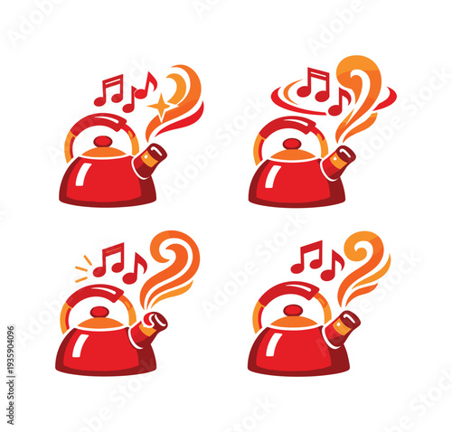 Two-Color vector icons of kitchen–melody harmony tied to a whistling kettle: kettle arc, note glint, steam lift, curved plume;