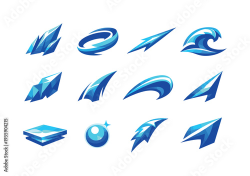 Elemental Cold Icons. Two-Color vector icons of elemental cold shapes: icy shard edge, curved frost band, frozen taper line, cool
