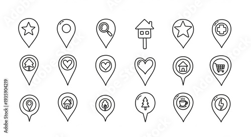 Collection of Location Pin Icons with Various Symbols.