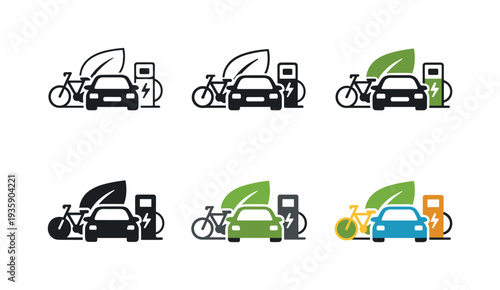 Sustainable Mobility Icons. Sustainable mobility solutions icon showing a stylized electric car, bicycle, charging station, and