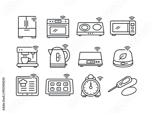 Line style vector icons of smart home kitchen devices: smart refrigerator, smart oven, induction cooktop, smart microwave, coffee