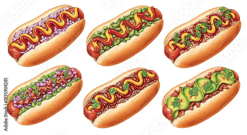 Hand Drawn Watercolor Gourmet Hot Dog Set with Different Toppings, Sausages in Buns Isolated