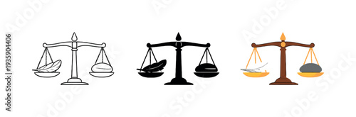 Nature harmony metaphor expressed through a balanced scale holding a feather on one side and a stone on the other, matching