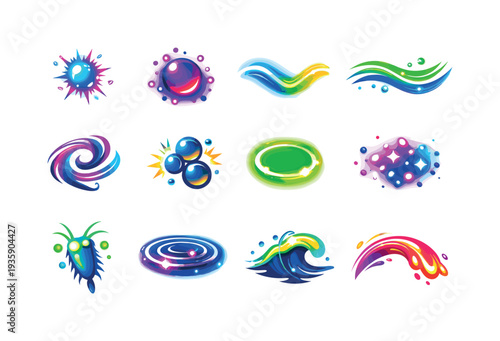 Two-Color vector icons of deep-sea spark life: spark mote, shimmer bead, glow thread, tiny current line, drift curl, bubble snap,