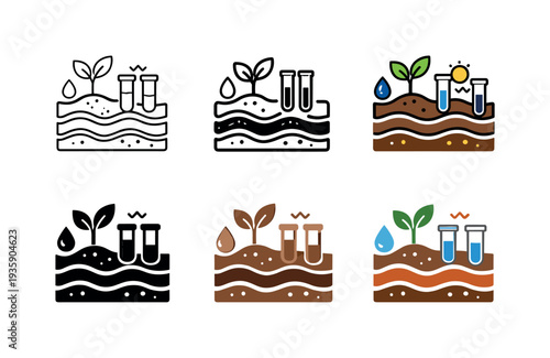 Crop soil quality icon depicting stylized soil layers, plants, test tubes, and measurement symbols representing agricultural