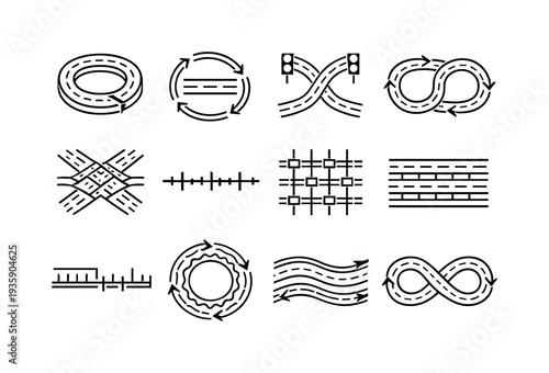 Line style vector icons of highway traffic patterns: loop line, cycle bar, phase contour, feedback line, transition mesh,