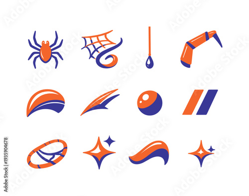 Two-Color vector icons of arachnids: spider outline, web curl, silk thread, leg segment, abdomen arc, contour flick, tiny bead,