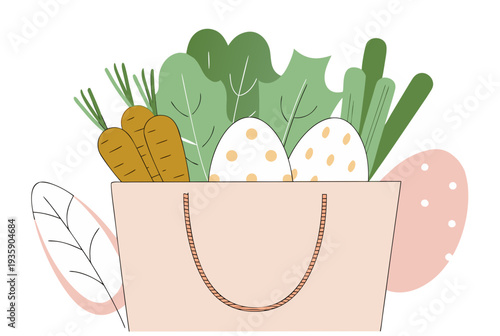 Earth-friendly gift bag with carrot, lettuce, and Easter egg for sustainable shopping and holiday celebration using a minimalist flat vector illustration