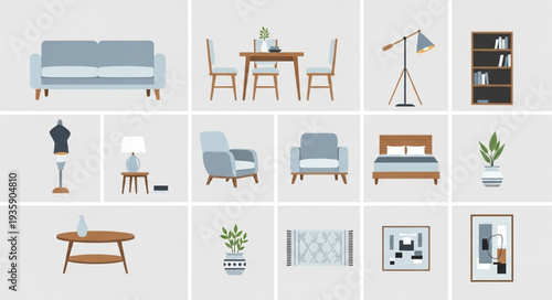 Collection of modern furniture and home decor items.