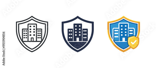 Securing enterprises illustrated by an office building icon enclosed within a safety shield conveying insured commercial