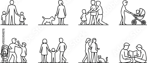 Set of family and lifestyle line icons depicting parents children walking dog pushing stroller and reading