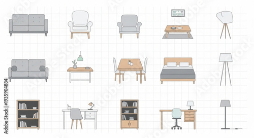 Collection of modern furniture items for home interior design.