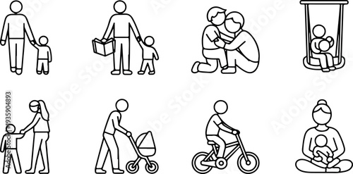 Set of line icons showing family activities and relationships, parents and children, father, mother, baby