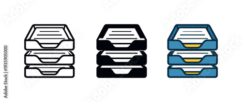Business operations context represented by a stacked document tray, identical geometry aligned across the canvas with consistent