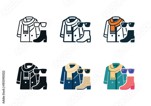 Seasonal fashion icon featuring a coat, scarf, sunglasses, and boot, symbolizing clothing and accessories for changing seasons,