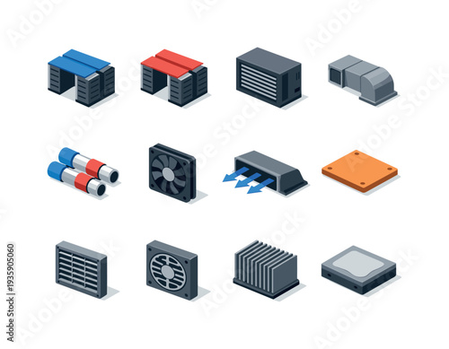 Isometric Cooling Icons. Isometric vector icons of server cooling core: cold aisle panel, hot aisle panel, radiator block, cooling