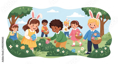 Diverse children in bunny ears hunt colorful easter eggs in a vibrant green meadow with flowers and trees