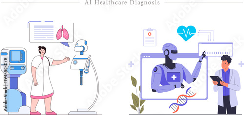 AI Healthcare Diagnosis Flat Vector Medical Artificial Intelligence Illustration
