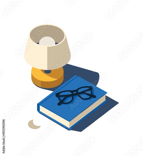 Minimal nightstand essentials set with book glasses and lamp loosely arranged seen from a top-down angle, offset to the left