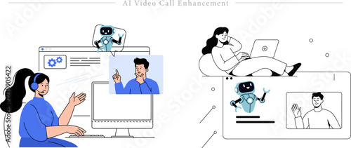 AI Video Call Enhancement Flat Vector Virtual Assistant Remote Communication Illustration