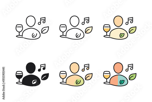 Contemporary stylish life icon portraying a poised human form accented by simple symbols of taste and harmony, duplicated six
