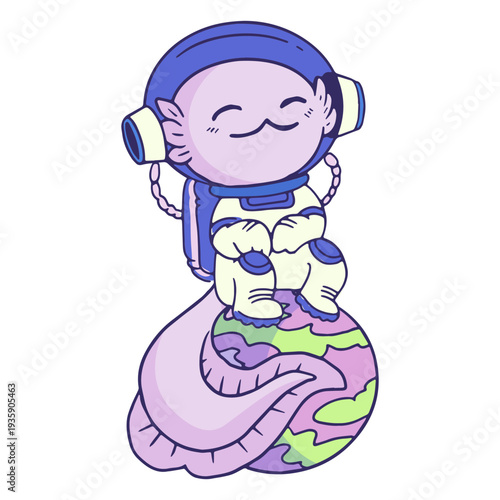 Astronaut axolotl cartoon sitting on globe