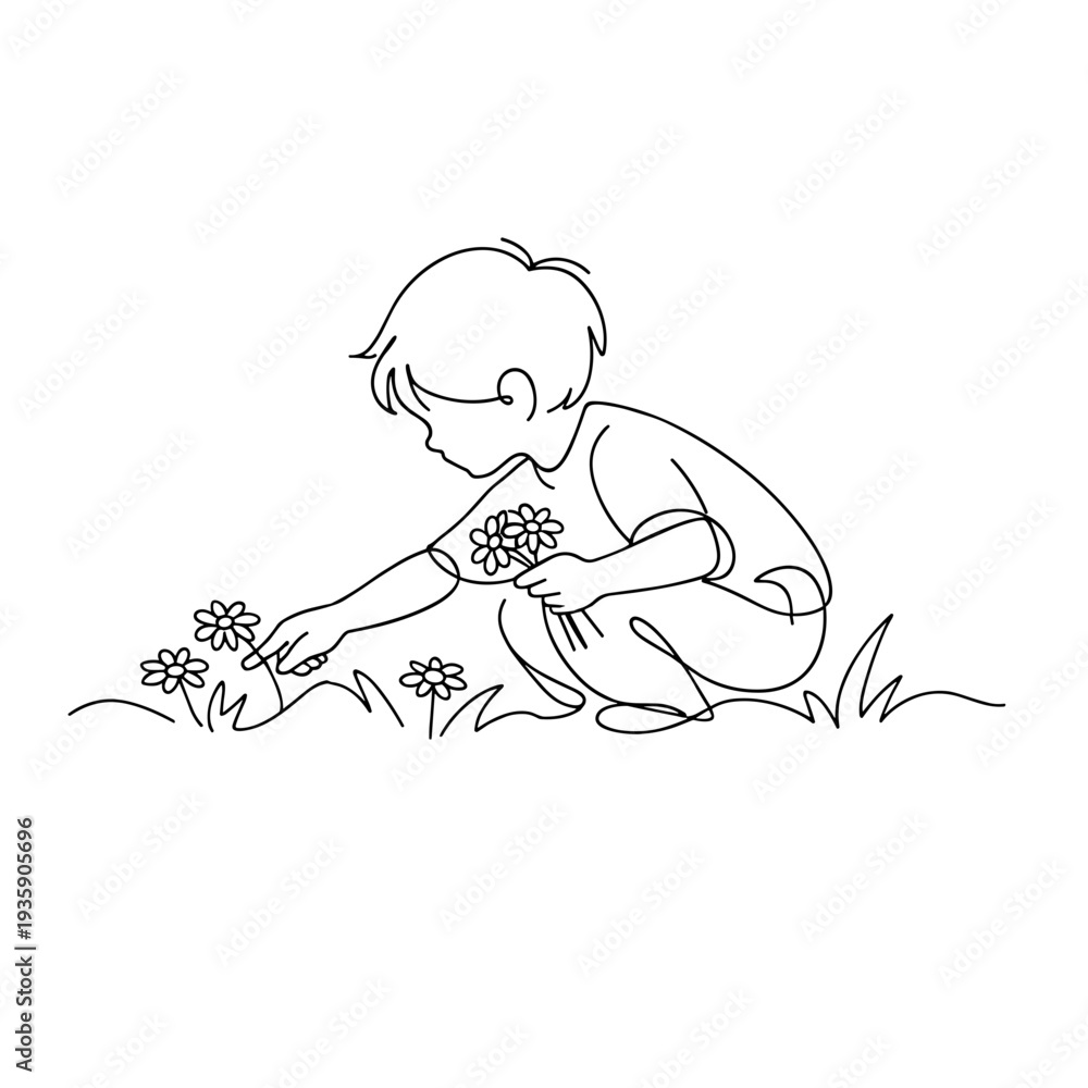 Obraz premium Child picking daisies in field while crouching and smiling 