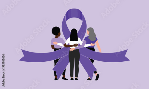 Diverse Women Hugging with Large Purple Awareness Ribbon Representing Global Solidarity and Support