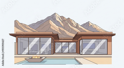 Stylish luxury modern house with swimming pool surrounded by arid desert mountain landscape vector illustration