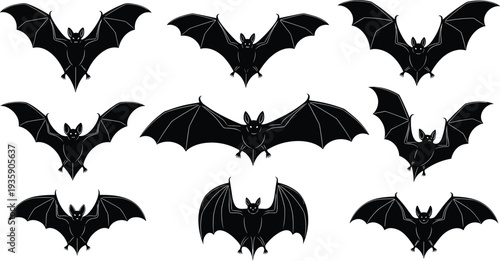 Bat Silhouette Set Flying Night Mammal Halloween Spooky Animal Collection Vector Isolated on White Background