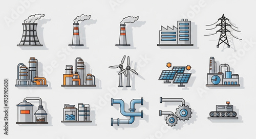 Collection of Industry and Energy Icons Representing Power Generation.