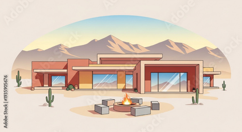 Luxury modern desert villa with fire pit seating area in front of mountain range vector illustration