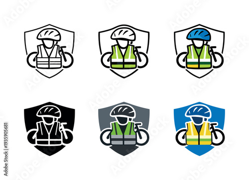 Protective riding icon combining a helmet, reflective vest, bicycle, and shield, symbolizing safety, secure cycling, and accident