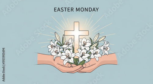 Easter monday symbol with hands holding white lilies and glowing cross on light blue background