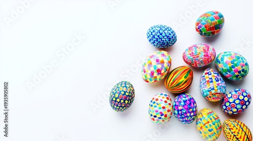 Colorful Decorated Eggs Arranged on a White Surface Before the Easter Celebration Event in Springtime